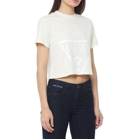 GUESS Cropped Logo Cotton T-Shirt in Ocean Salt - Size Medium - Picture 3 of 5